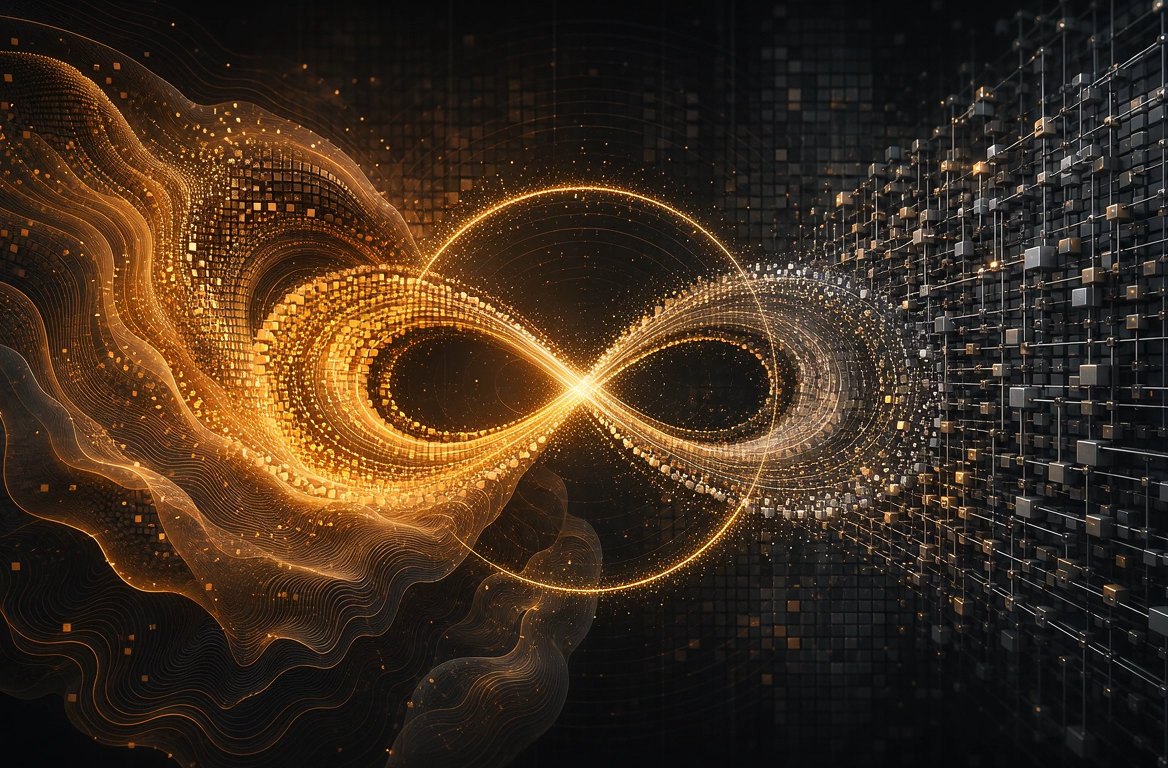 A golden portal of light connecting human imagination with intelligent systems